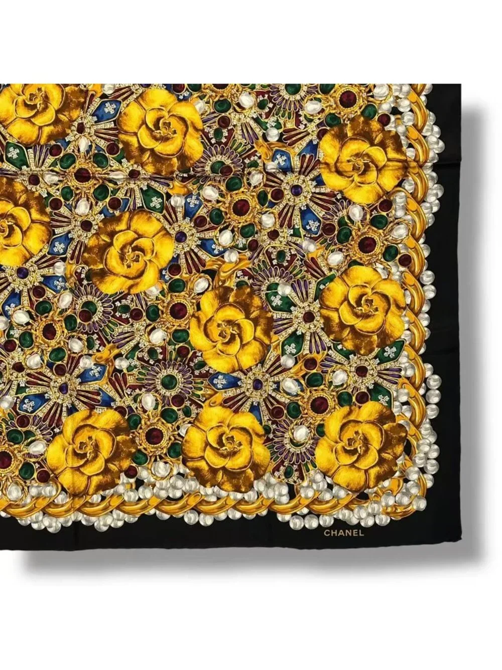 Chanel Scarf Silk Camellia Pattern Gold